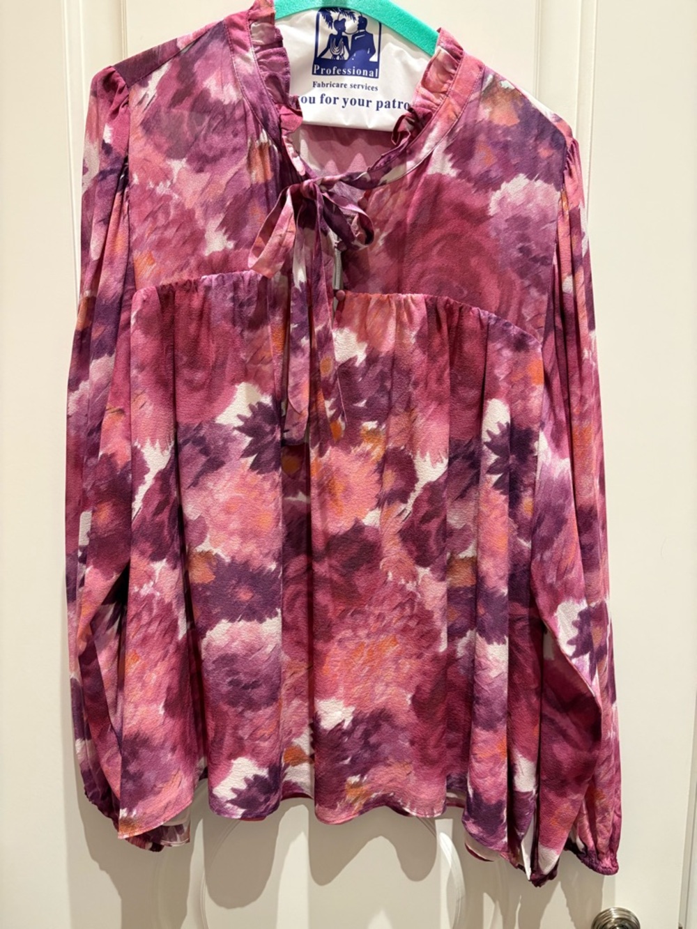 LoveShackFancy Pink and Purple Floral Tie-Neck Blouse
